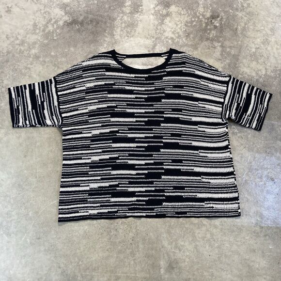 Eileen Fisher Sweater Womens Large Organic Printed Pullover Linen Blend Blk Wht - Picture 1 of 10